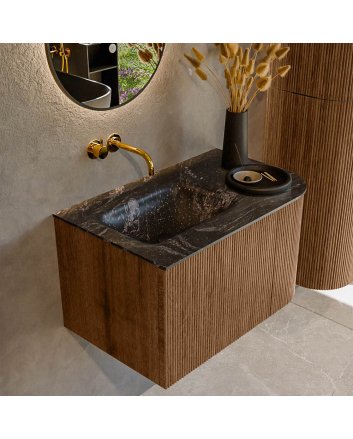Mondiaz Kurve-Dlux 75cm badmeubel ronding Rechts kleur Walnut met 1 lade en 1 deur. Wastafel Grunne Links zonder kraangat Lava.