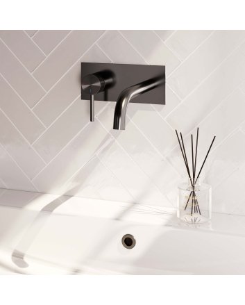 BRAUER Gunmetal Carving inbouw wastafelmengkraan met gebogen uitloop en afdekplaat model A2 gunmetal geborsteld PVD