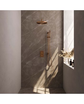 BRAUER Copper Edition thermostatische inbouw regendouche 3-weg omstelling SET 40 met 30 cm douchekop en gebogen muurarm en staaf handdouche en doucheslang en geïntegreerde glijstang koper geborsteld PVD