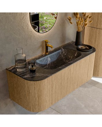 Mondiaz Kurve-Dlux 120cm badmeubel ronding Links + Rechts kleur Oak met 1 lade en 2 deuren. Wastafel Big small Midden 1 kraangat Lava.