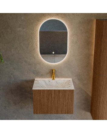 Mondiaz Kurve-Dlux 60cm badmeubel kleur Walnut met 1 lade en 0 deuren. Wastafel Cloud Midden 1 kraangat Glace.