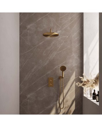 BRAUER Gold Edition thermostatische inbouw regendouche 3-weg omstelling SET 34 met 30 cm douchekop en gebogen muurarm en 3-standen handdouche en doucheslang en wandaansluitbocht goud geborsteld PVD