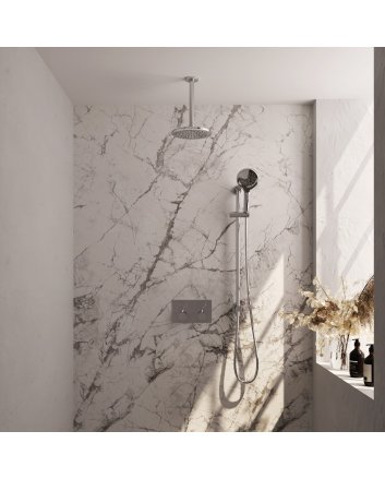BRAUER Chrome Carving thermostatische inbouw regendouche met drukknoppen SET 71 met 20 cm douchekop en plafondarm en 3-standen handdouche en doucheslang en geïntegreerde glijstang chroom