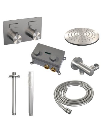 BRAUER Brushed Carving thermostatische inbouw regendouche met drukknoppen SET 53 met 20 cm douchekop en plafondarm en staaf handdouche en doucheslang en wandaansluitbocht RVS geborsteld PVD