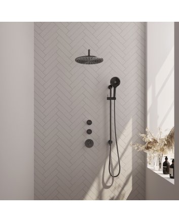 BRAUER Gunmetal Edition thermostatische inbouw regendouche SET 22 met 30 cm douchekop en gebogen muurarm en 3-standen handdouche en doucheslang en geïntegreerde glijstang gunmetal geborsteld PVD