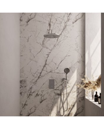BRAUER Chrome Edition thermostatische inbouw regendouche 3-weg omstelling SET 34 met 30 cm douchekop en gebogen muurarm en 3-standen handdouche en doucheslang en wandaansluitbocht chroom