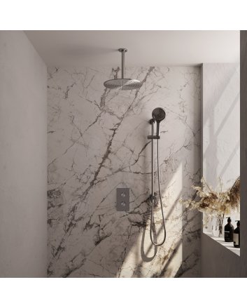 BRAUER Brushed Edition thermostatische inbouw regendouche 3-weg omstelling SET 48 met 30 cm douchekop en plafondarm en 3-standen handdouche en doucheslang en geïntegreerde glijstang RVS geborsteld PVD