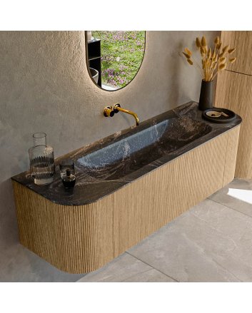 Mondiaz Kurve-Dlux 150cm badmeubel ronding Links + Rechts kleur Oak met 1 lade en 2 deuren. Wastafel Big medium Midden zonder kraangat Lava.