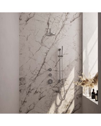 BRAUER Brushed Carving thermostatische inbouw regendouche SET 15 met 20 cm douchekop en gebogen muurarm en staaf handdouche en doucheslang en geïntegreerde glijstang RVS geborsteld PVD