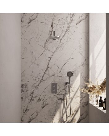 BRAUER Brushed Carving thermostatische inbouw regendouche 3-weg omstelling SET 31 met 20 cm douchekop en rechte muurarm en 3-standen handdouche en doucheslang en wandaansluitbocht RVS geborsteld PVD