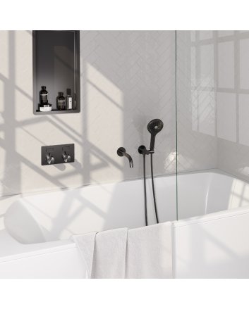 BRAUER Gunmetal Carving thermostatische inbouw badkraan met drukknoppen SET 04 met uitloop en 3-standen handdouche en doucheslang en wandaansluitbocht gunmetal geborsteld PVD