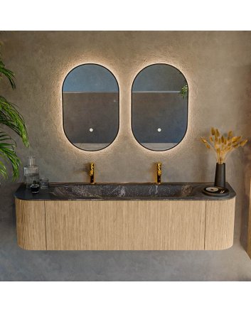 Mondiaz Kurve-Dlux 170cm badmeubel ronding Links + Rechts kleur Oak met 1 lade en 2 deuren. Wastafel Big large Midden 2 kraangaten Lava.