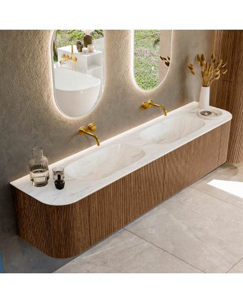 Mondiaz Kurve-Dlux 200cm badmeubel ronding Links + Rechts kleur Walnut met 2 lades en 2 deuren. Wastafel Stor small Dubbel zonder kraangat Ostra.