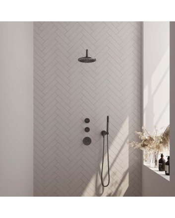 BRAUER Gunmetal Carving thermostatische inbouw regendouche SET 03 met 20 cm douchekop en gebogen muurarm en staaf handdouche en doucheslang en wandaansluitbocht gunmetal geborsteld PVD