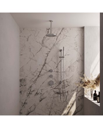 BRAUER Chrome Carving thermostatische inbouw regendouche SET 17 met 20 cm douchekop en plafondarm en staaf handdouche en doucheslang en geïntegreerde glijstang chroom