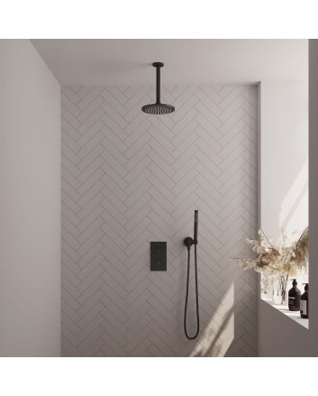 BRAUER Black Edition thermostatische inbouw regendouche 3-weg omstelling SET 29 met 20 cm douchekop en plafondarm en staaf handdouche en doucheslang en wandaansluitbocht mat zwart