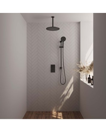 BRAUER Black Edition thermostatische inbouw regendouche 3-weg omstelling SET 48 met 30 cm douchekop en plafondarm en 3-standen handdouche en doucheslang en geïntegreerde glijstang mat zwart