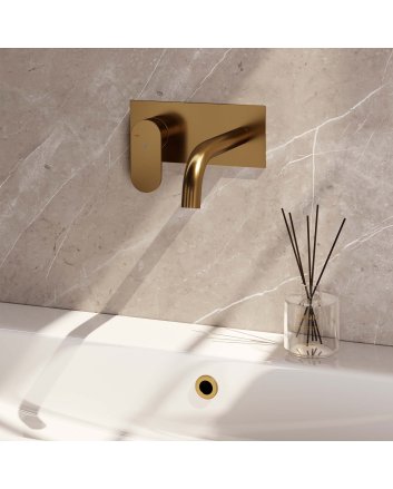 BRAUER Gold Edition inbouw wastafelmengkraan met gebogen uitloop en afdekplaat model C2 goud geborsteld PVD