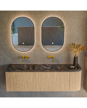 Mondiaz Kurve-Dlux 145cm badmeubel ronding Rechts kleur Oak met 1 lade en 1 deur. Wastafel Leaf Dubbel / Links zonder kraangat Lava.