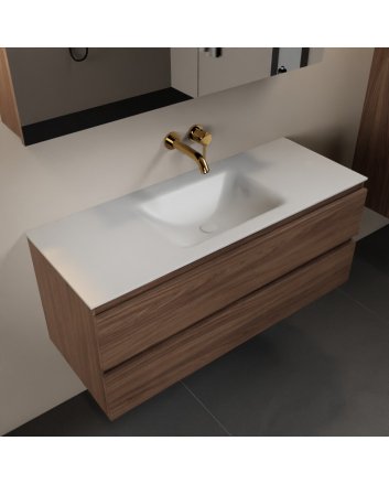 Mondiaz Aivy 120cm badmeubel Mocha, wastafel Talc solid surface midden zonder kraangat met spiegelkast