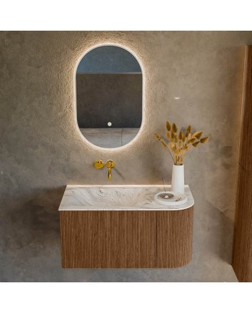 Mondiaz Kurve-Dlux 85cm badmeubel ronding Rechts kleur Walnut met 1 lade en 1 deur. Wastafel Cloud Links zonder kraangat Glace.