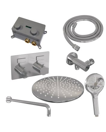 BRAUER Chrome Edition thermostatische inbouw regendouche met drukknoppen SET 58 met 30 cm douchekop en gebogen muurarm en 3-standen handdouche en doucheslang en wandaansluitbocht chroom