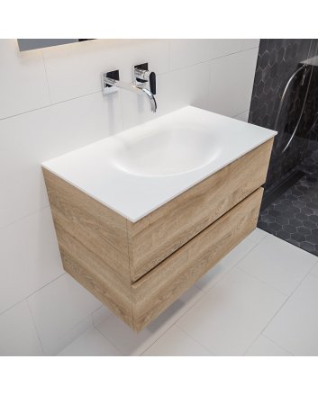 Mondiaz Vica 80 badmeubel washed oak 2 lades Moon midden geen kraangat
