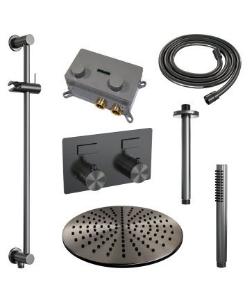 BRAUER Gunmetal Carving thermostatische inbouw regendouche met drukknoppen SET 66 met 30 cm douchekop en plafondarm en staaf handdouche en doucheslang en geïntegreerde glijstang gunmetal geborsteld PVD