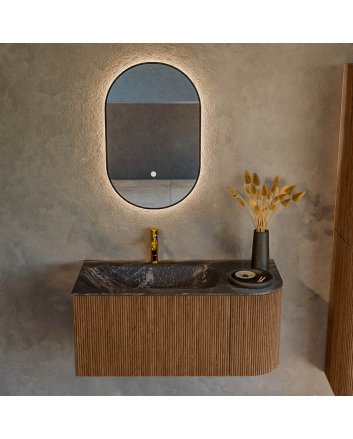 Mondiaz Kurve-Dlux 95cm badmeubel ronding Rechts kleur Walnut met 1 lade en 1 deur. Wastafel Big small Links 1 kraangat Lava.