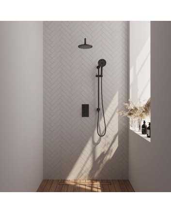 BRAUER Black Edition thermostatische inbouw regendouche 3-weg omstelling SET 45 met 20 cm douchekop en gebogen muurarm en 3-standen handdouche en doucheslang en geïntegreerde glijstang mat zwart