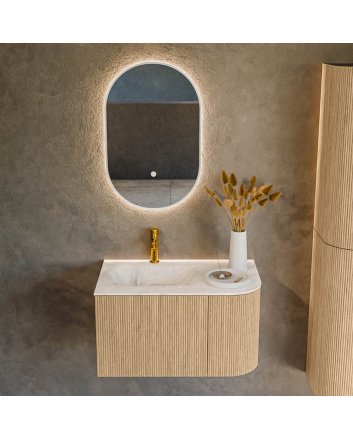 Mondiaz Kurve-Dlux 75cm badmeubel ronding Rechts kleur Oak met 1 lade en 1 deur. Wastafel Grunne Links 1 kraangat Frappe.