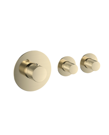 Sani DeLuxe Badset inbouw deluxe met box thermostaat, muurbevestiging / doucheslang, staafhanddouche rond Goud Geborsteld met geribbeld knop
