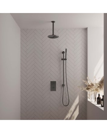 BRAUER Gunmetal Carving thermostatische inbouw regendouche 3-weg omstelling SET 41 met 20 cm douchekop en plafondarm en staaf handdouche en doucheslang en geïntegreerde glijstang gunmetal geborsteld PVD