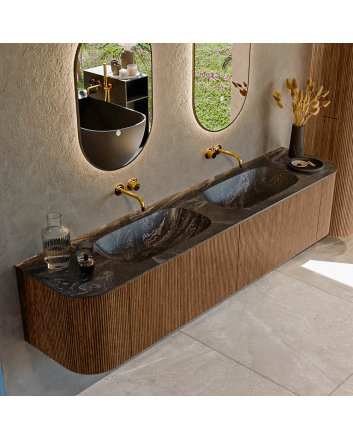 Mondiaz Kurve-Dlux 200cm badmeubel ronding Links + Rechts kleur Walnut met 2 lades en 2 deuren. Wastafel Stor small Dubbel zonder kraangat Lava.