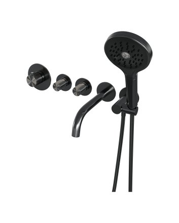 BRAUER Gunmetal Carving thermostatische inbouw badkraan SET 02 met uitloop en 3-standen handdouche en doucheslang en wandaansluitbocht gunmetal geborsteld PVD