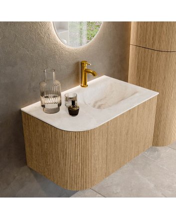 Mondiaz Kurve-Dlux 75cm badmeubel ronding Links kleur Oak met 1 lade en 1 deur. Wastafel Grunne Rechts 1 kraangat Frappe.