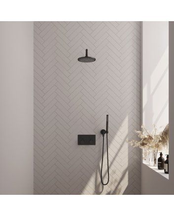 BRAUER Black Edition thermostatische inbouw regendouche met drukknoppen SET 51 met 20 cm douchekop en gebogen muurarm en staaf handdouche en doucheslang en wandaansluitbocht mat zwart