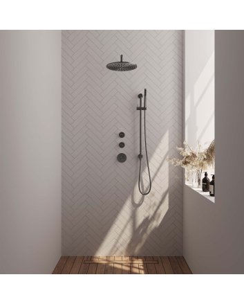 BRAUER Gunmetal Carving thermostatische inbouw regendouche SET 16 met 30 cm douchekop en gebogen muurarm en staaf handdouche en doucheslang en geïntegreerde glijstang gunmetal geborsteld PVD