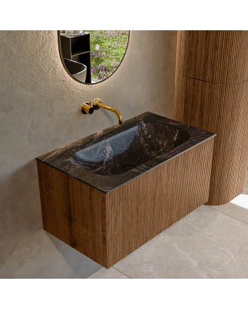 Mondiaz Kurve-Dlux 80cm badmeubel kleur Walnut met 1 lade en 0 deuren. Wastafel Big small Midden zonder kraangat Lava.