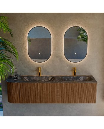 Mondiaz Kurve-Dlux 165cm badmeubel ronding Links kleur Walnut met 2 lades en 1 deur. Wastafel Stor small Dubbel / Rechts 2 kraangaten Lava.