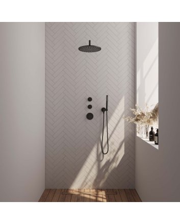 BRAUER Black Edition thermostatische inbouw regendouche SET 04 met 30 cm douchekop en gebogen muurarm en staaf handdouche en doucheslang en wandaansluitbocht mat zwart