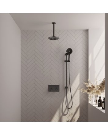 BRAUER Gunmetal Carving thermostatische inbouw regendouche met drukknoppen SET 71 met 20 cm douchekop en plafondarm en 3-standen handdouche en doucheslang en geïntegreerde glijstang gunmetal geborsteld PVD