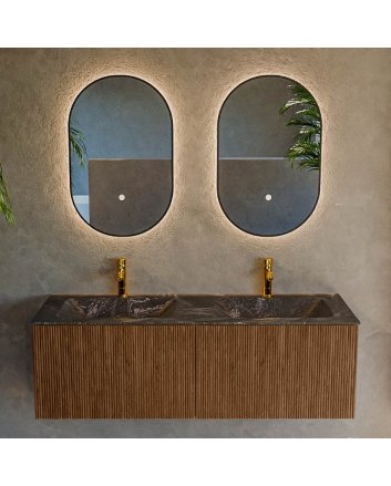 Mondiaz Kurve-Dlux 130cm badmeubel kleur Walnut met 2 lades en 0 deuren. Wastafel Leaf Dubbel 2 kraangaten Lava.