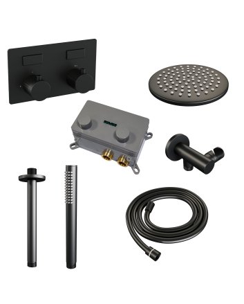 BRAUER Black Carving thermostatische inbouw regendouche met drukknoppen SET 53 met 20 cm douchekop en plafondarm en staaf handdouche en doucheslang en wandaansluitbocht mat zwart