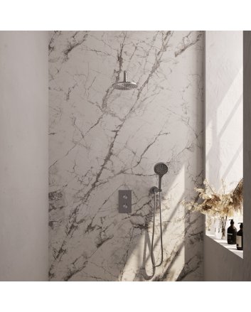 BRAUER Brushed Edition thermostatische inbouw regendouche 3-weg omstelling SET 33 met 20 cm douchekop en gebogen muurarm en 3-standen handdouche en doucheslang en wandaansluitbocht RVS geborsteld PVD