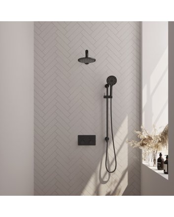 BRAUER Black Carving thermostatische inbouw regendouche met drukknoppen SET 67 met 20 cm douchekop en rechte muurarm en 3-standen handdouche en doucheslang en geïntegreerde glijstang mat zwart