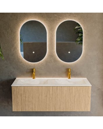 Mondiaz Kurve-Dlux 120cm badmeubel kleur Oak met 1 lade en 0 deuren. Wastafel Leaf Dubbel 2 kraangaten Ostra.