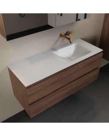 Mondiaz Aivy 120cm badmeubel Mocha, wastafel Talc solid surface rechts zonder kraangat met spiegelkast