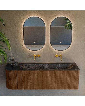 Mondiaz Kurve-Dlux 145cm badmeubel ronding Links kleur Walnut met 1 lade en 1 deur. Wastafel Big large Rechts zonder kraangat Lava.