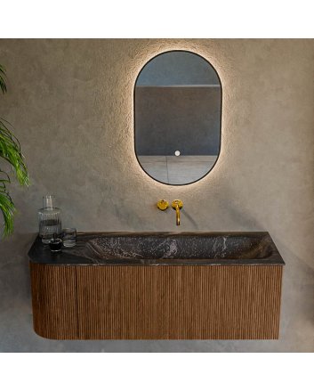 Mondiaz Kurve-Dlux 125cm badmeubel ronding Links kleur Walnut met 1 lade en 1 deur. Wastafel Big medium Rechts zonder kraangat Lava.